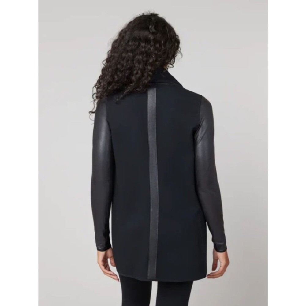 SPANX Drape Front Jacket Black Faux Leather Small Snap Layering - Picture 3 of 10